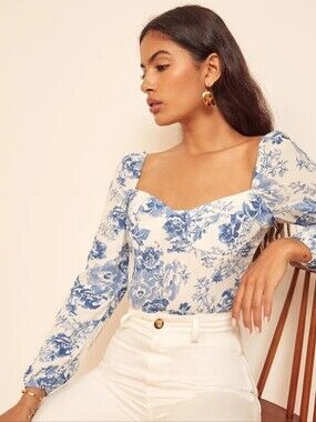 Reign White Blouse with Blue Floral Sweetheart Neck